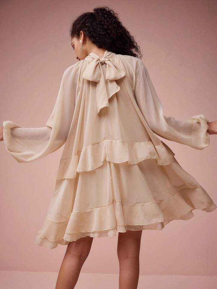 CM-DS462377 Women Elegant Seoul Style Stand Collar Lantern Sleeve Ruffled Short Dress - Apricot