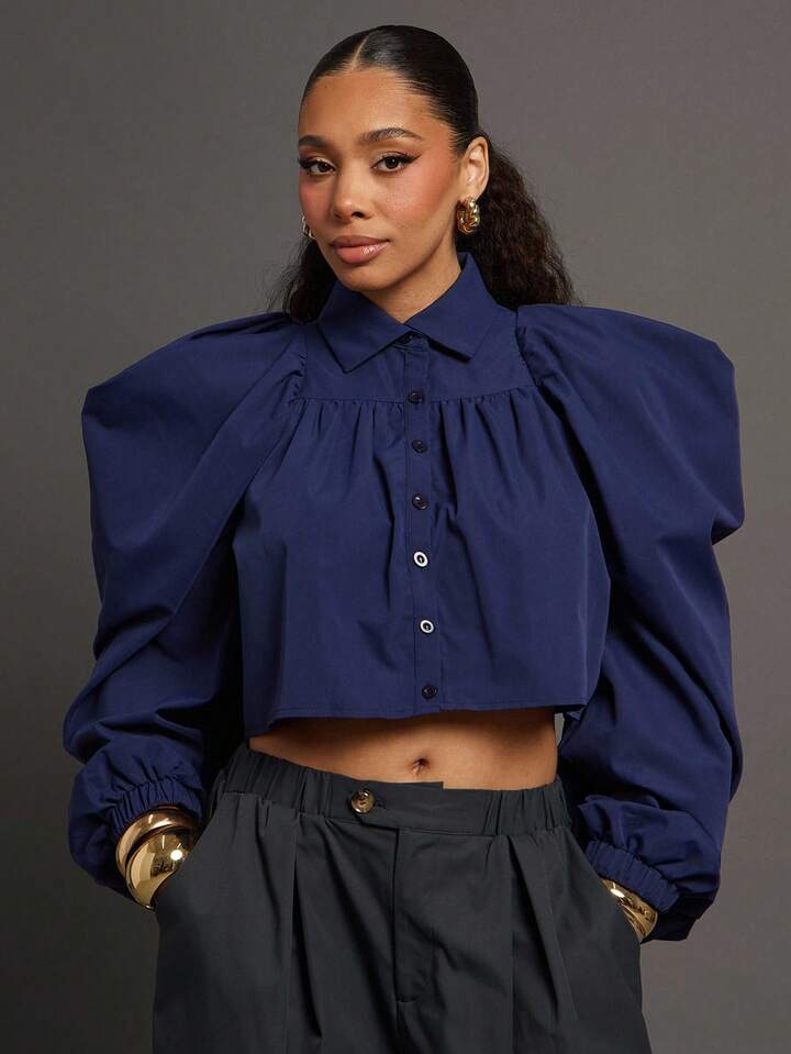 CM-TS350790 Women Elegant Seoul Style Exaggerated Puff Long Sleeve Collar Button Up Top - Royal Blue