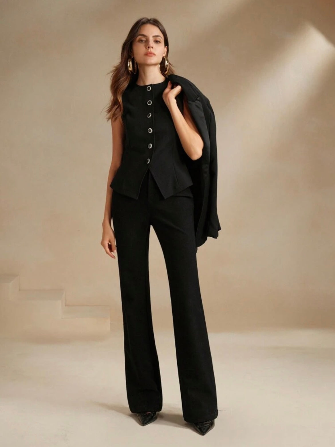 CM-TS041048 Women Elegant Seoul Style Round Neck Single-Breasted Asymmetrical Top - Black