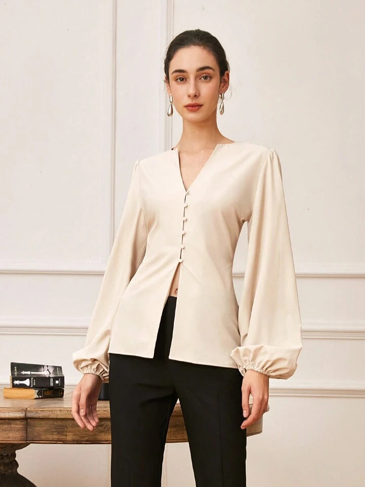 CM-TS875425 Women Elegant Seoul Style Solid Color Lantern Long Sleeve Notched V-Neck Shirt