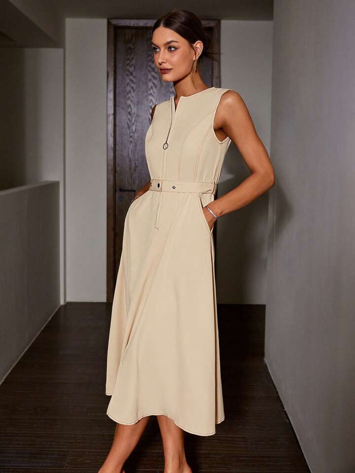 CM-DS890499 Women Casual Seoul Style Round Neck Half Zipper Sleeveless Dress - Apricot