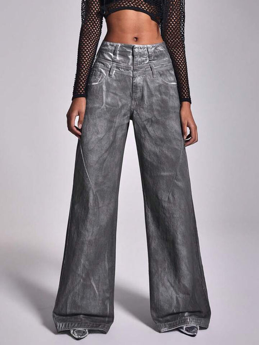 CM-BS517784 Women Casual Seoul Style High Waist Extra Long Loose Wide-Leg Jeans - Black