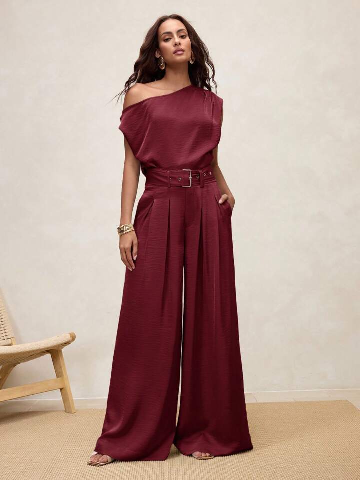 CM-BS089382 Women Casual Seoul Style High Waist Pleated Wide Leg Pants - Burgundy