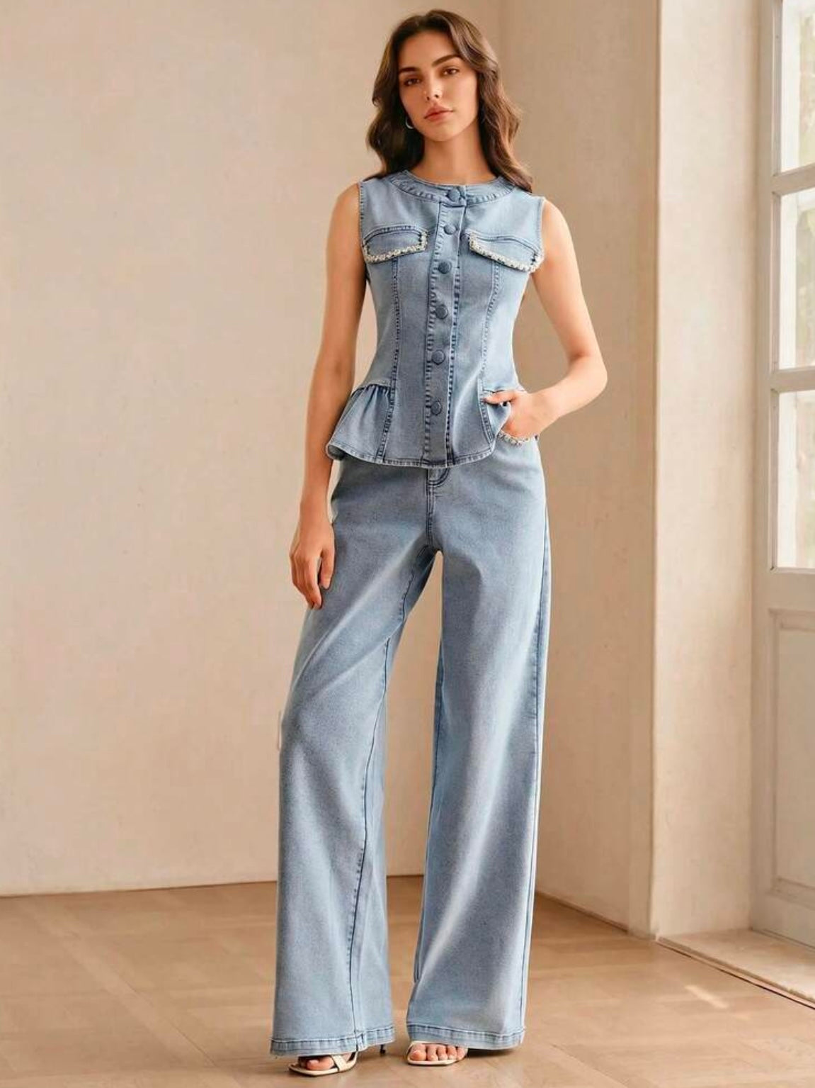 CM-SS572201 Women Elegant Seoul Style Round Neck Sleeveless Beaded Denim Camisole With Long Pants -Set