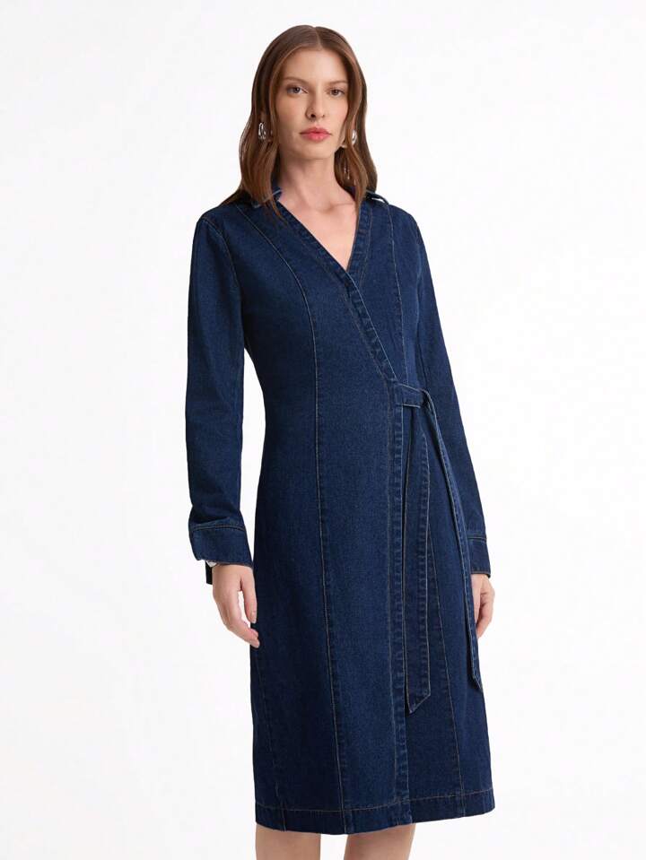 CM-DS041418 Women Elegant Seoul Style Dark Wash Colar Neckline Long Sleeve Asymmetrical Denim Dress