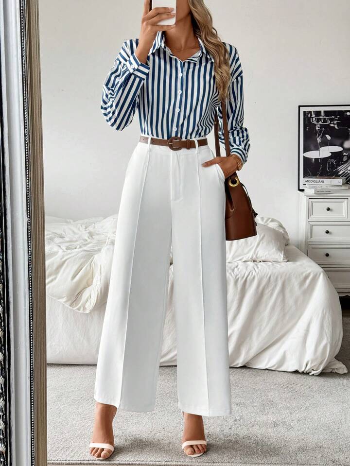 CM-SS215066 Women Casual Seoul Style Striped Collar Neckline Long Sleeve Shirt With Straight-Leg Pants - Set