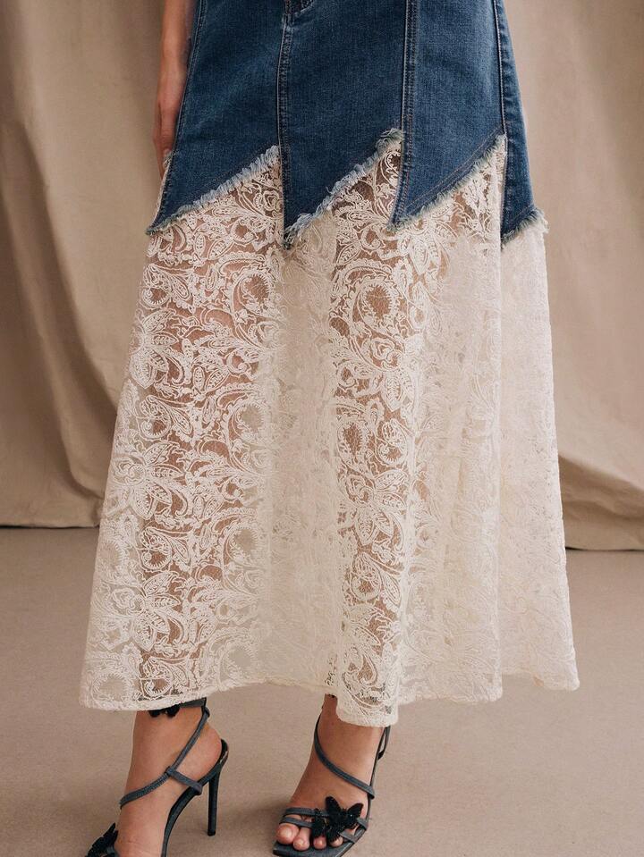 CM-BS740722 Women Casual Seoul Style Mid Waist Glitter Lace Mermaid Maxi Denim Skirt - Blue