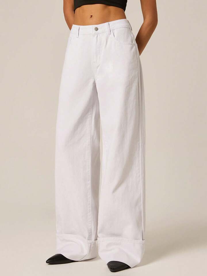 CM-BS711983 Women Casual Seoul Style Mid Waist Pocket Wide Leg Loose Denim Jeans - White