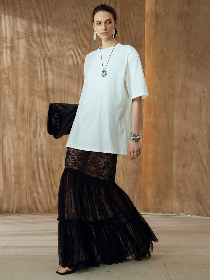 CM-BS365072 Women Elegant Seoul Style Chiffon Lace Hollow Out Lace Patchwork Ruffled Trim Long Skirt - Black