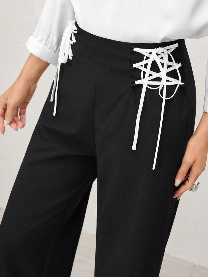 CM-BS517705 Women Casual Seoul Style Drawstring High-Waist Wide-Leg Pants - Black