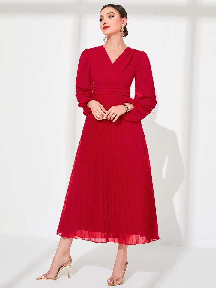 CM-DS747745 Women Elegant Seoul Style Surplice V-Neck High Waist Pleated Hem A-Line Dress - Red