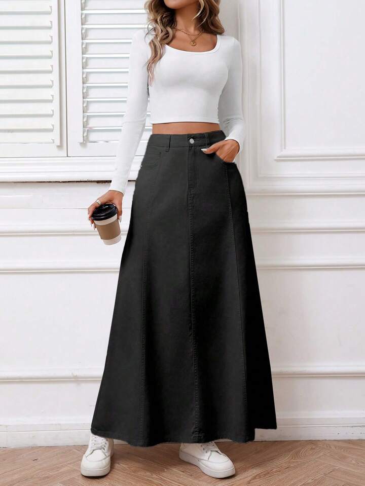 CM-BS151661 Women Casual Seoul Style Solid Color Front Button Pocket Denim Midi Skirt - Black