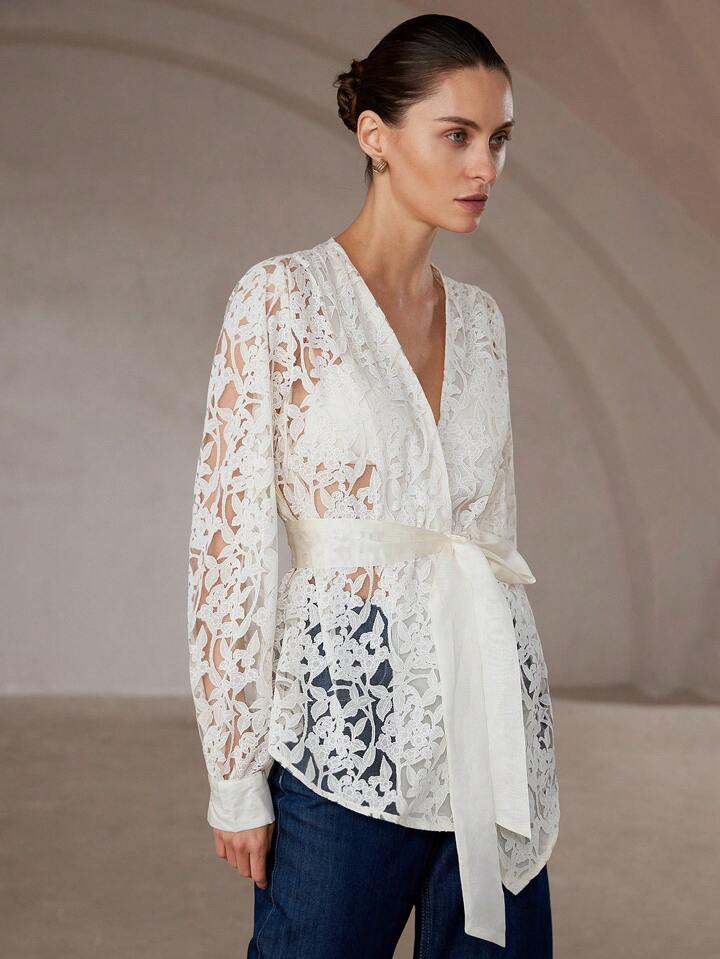 CM-TS141447 Women Elegant Seoul Style V-Neck Semi-Sheer Wrap Belted Long Sleeve Blouse