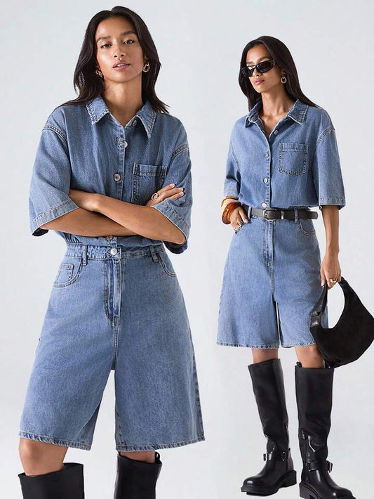 CM-JS350635 Women Casual Seoul Style Medium Wash Collar Neckline Short Sleeve Loose Denim Jumpsuit