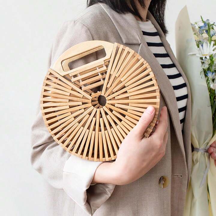 CM-BGS366005 Women Trendy Seoull Style Round Bamboo Rattan Handbag - Khaki