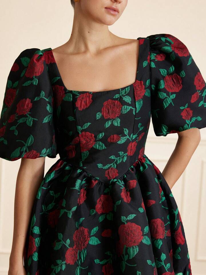 CM-DS647648 Women Elegant Seoul Style Contrast Color Floral Jacquard Square Collar Puff Sleeve Short Dress