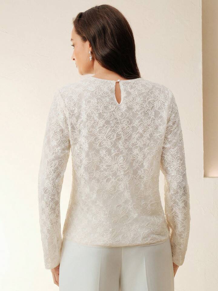 CM-TS530144 Women Elegant Seoul Style Hollow-Out Lace Sequin Decor Long Sleeve Blouse - Apricot