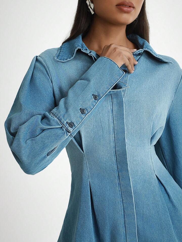 CM-TS723297 Women Elegant Seoul Style Medium Wash Collar Neckline Waist Cinched Long Sleeve Pleated Denim Shirt