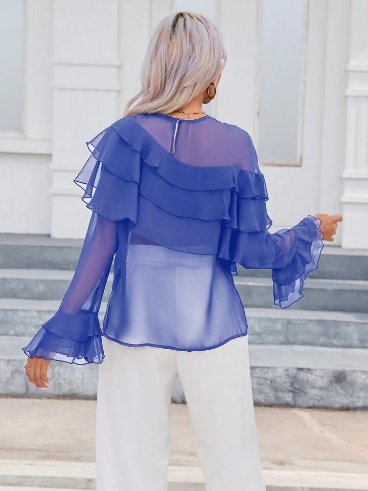 CM-TS826277 Women Elegant Seoul Style 3D Floral Decorated Ruffle Trim Blouse - Blue