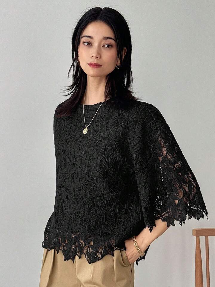 CM-TS404504 Women Elegant Seoul Style Sheer Lace Round Neck Half Sleeve Loose Blouse - Black