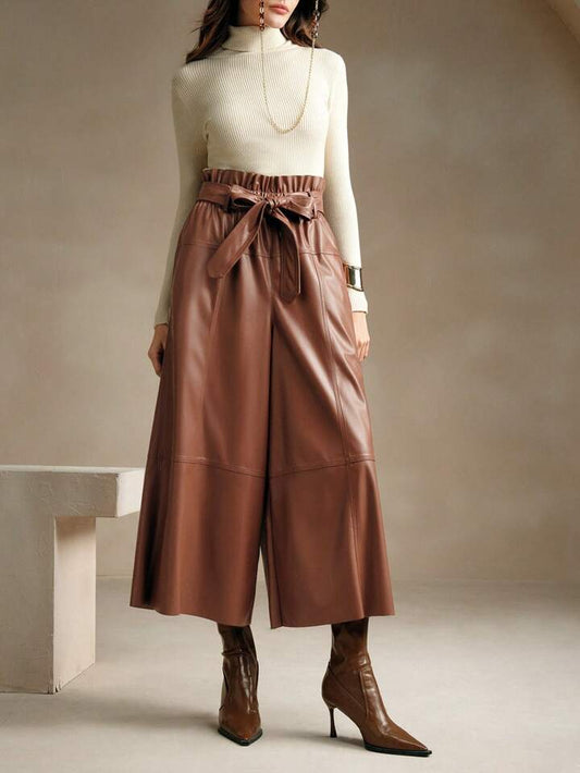 CM-BS442907 Women Elegant Seoul Style High Waist Faux Leather Wide Leg Pants - Brown