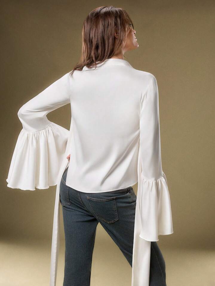 CM-TS353518 Women Elegant Seoul Style Solid Color Collar Neckline Bell Sleeve Blouse - White