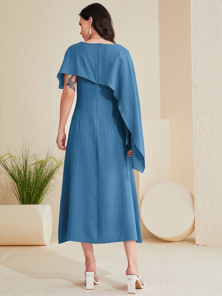 CM-DS558705 Women Casual Seoul Style Solid Asymmetrical Foldover Dress - Blue