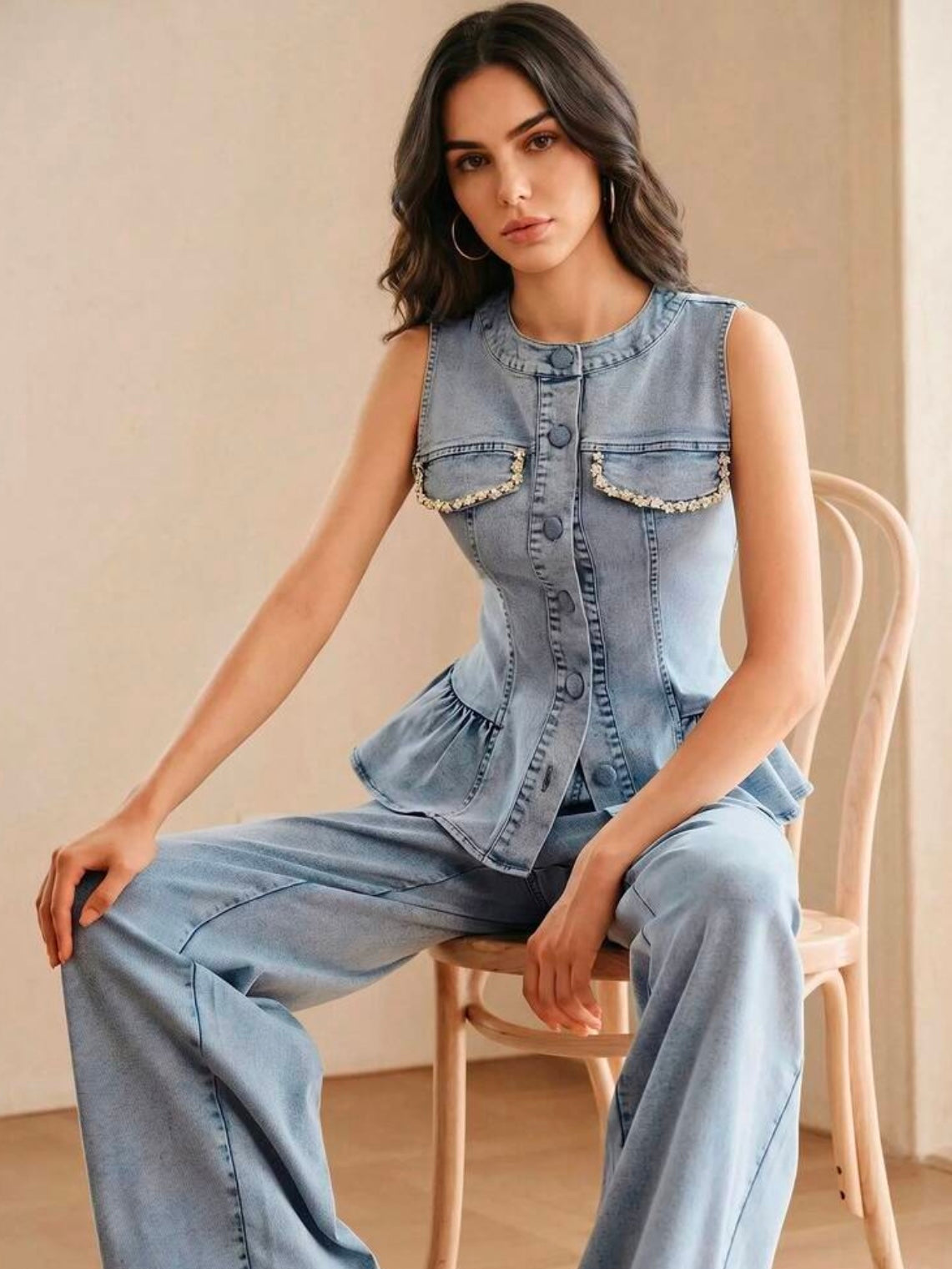 CM-SS572201 Women Elegant Seoul Style Round Neck Sleeveless Beaded Denim Camisole With Long Pants -Set