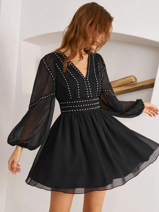 CM-DS127197 Women Elegant Seoul Style V-Neck Mesh Splicing Beaded Long Sleeve Dress - Black