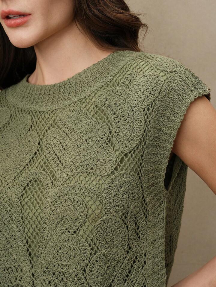 CM-TS420906 Women Casual Seoul Style Hollow Embroidered Round Neck Sleeveless Knit Top - Army Green
