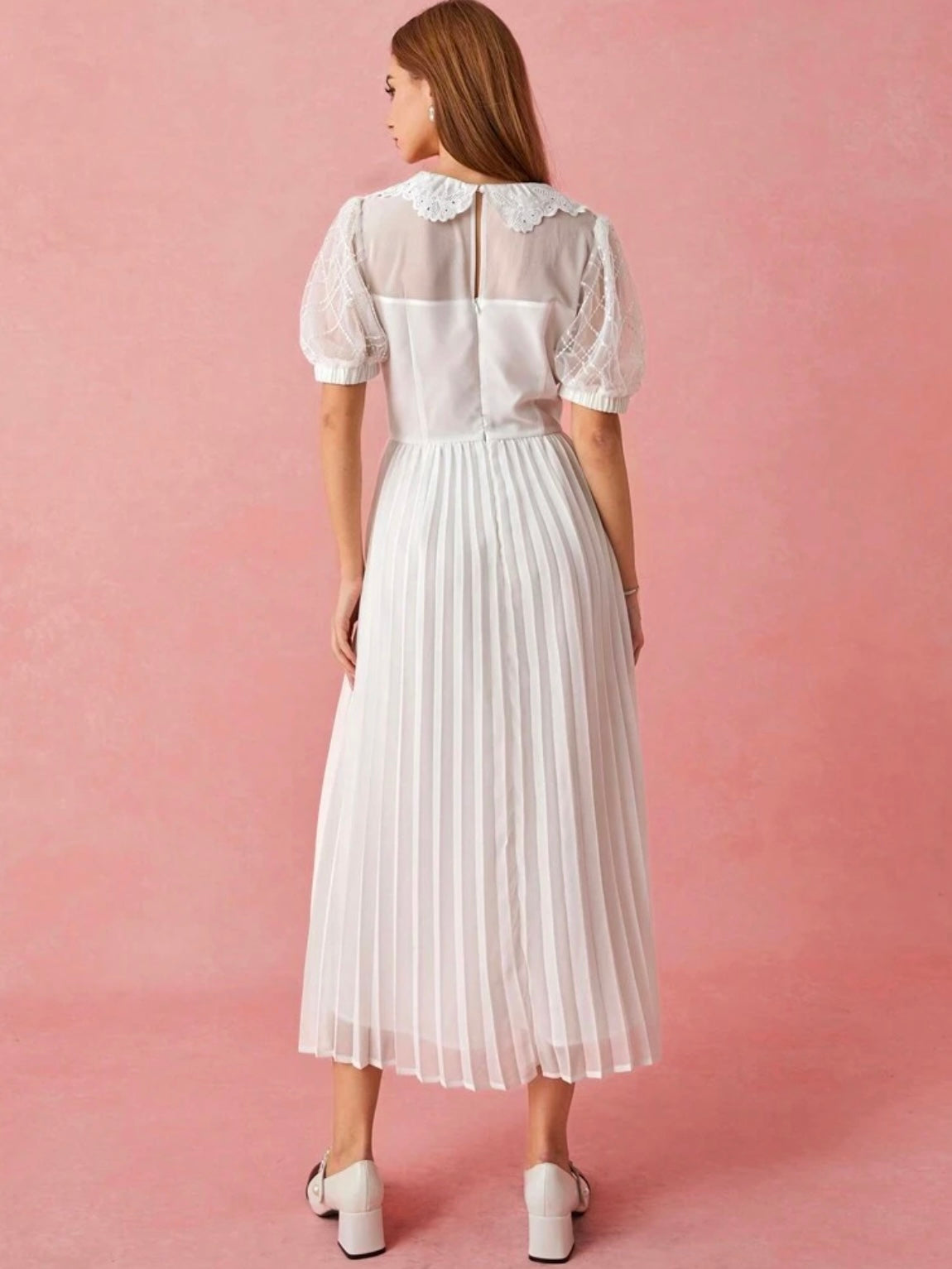 CM-DS192679 Women Elegant Seoul Style Tie Neck Bowknot Floral Lace Puff Sleeves Pleated Hem Long Dress - White