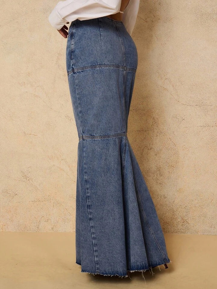 CM-BS139511 Women Casual Seoul Style Dark Wash High Waist Mermaid Hem A-Line Maxi Denim Skirt
