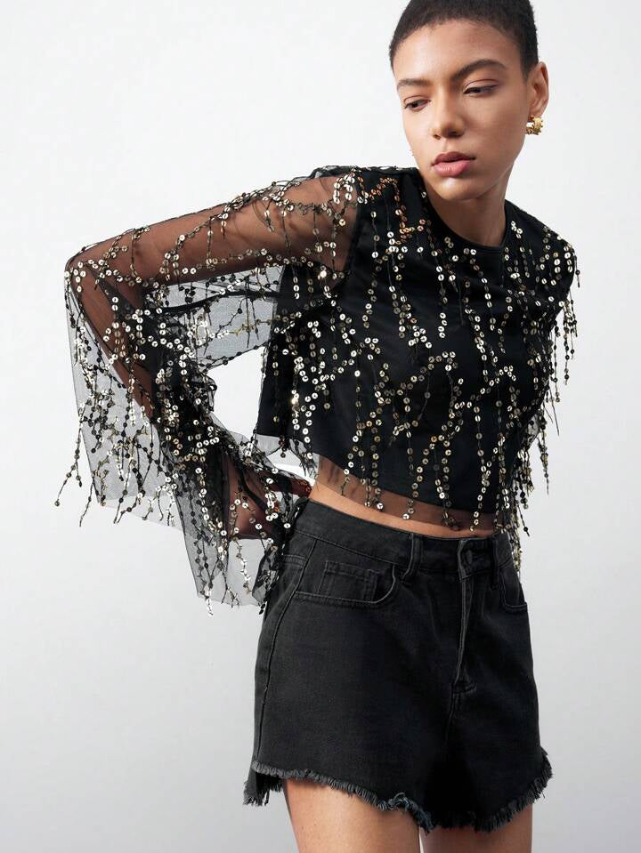 CM-TS219613 Women Elegant Seoul Style Round Neck Sequined Mesh Flare Sleeves Top