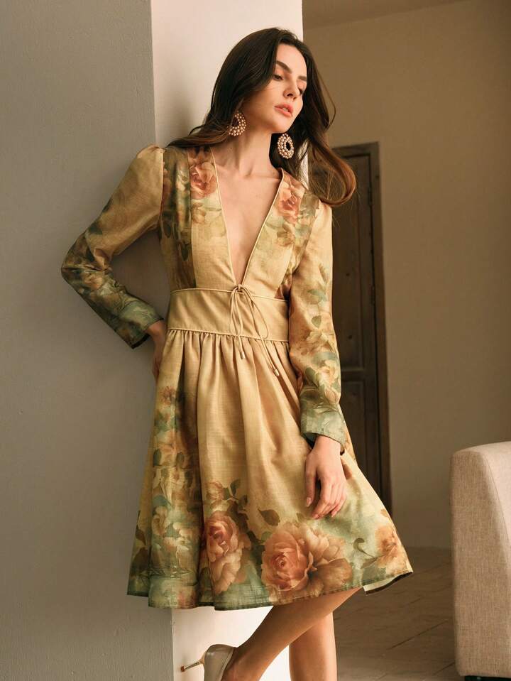 CM-DS176671 Women Elegant Seoul Style Deep V-Neck 3D Cut-Out Design Lace-Up Printed Mini Dress