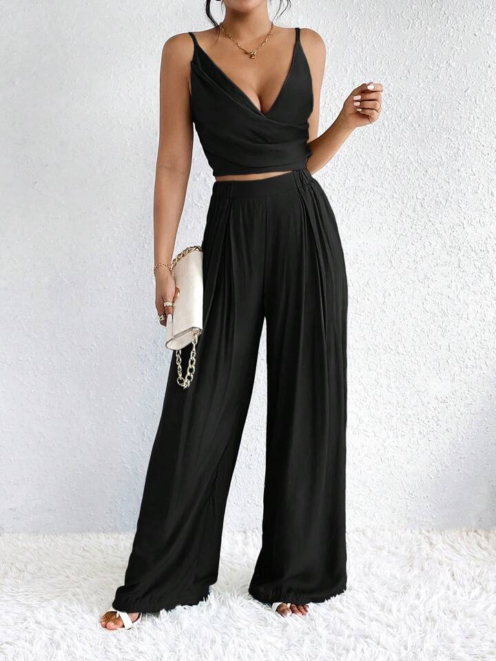 CM-SS843880 Women Casual Seoul Style Wrap Ruched Cami Top With Fold Pleated Wide Leg Pants - Set