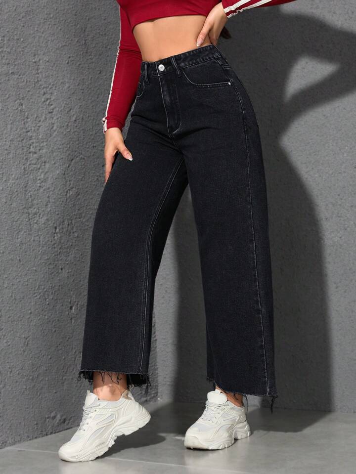 CM-BS883741 Women Casual Seoul Style Solid Color High Waist Wide Leg Jeans - Black