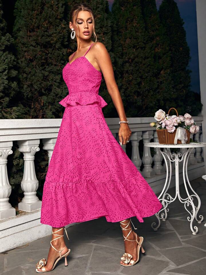 CM-DS823626 Women Elegant Seoul Style Embroidered And Eyelet Ruffle Hem Cami Dress - Hot Pink