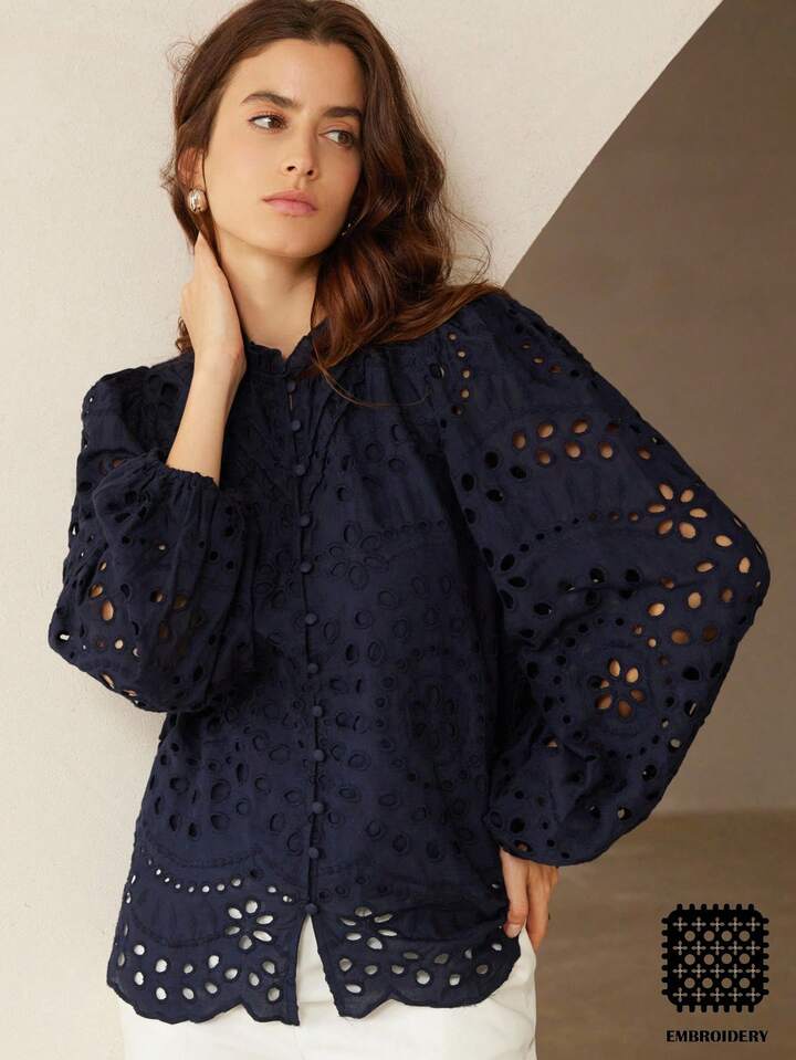 CM-TS724164 Women Trendy Bohemian Style Embroidered Hollow-Out Pleated Front Long Sleeve Blouse - Navy Blue