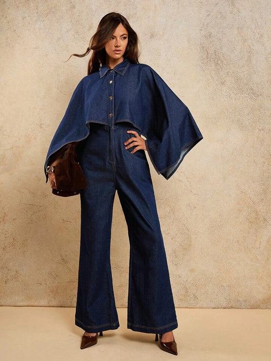 CM-JS335015 Women Casual Seoul Style 2-In-1 Batwing Sleeve Long Sleeve Loose Denim Jumpsuit - Blue
