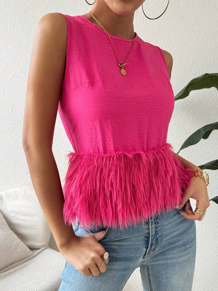 CM-TS992298 Women Casual Seoul Style Round Neck Sleeveless Loose Furry Hem Blouse - Hot Pink