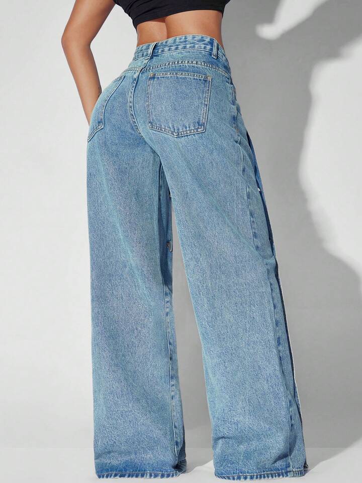 CM-BS439523 Women Casual Seoul Style Low Waist Loose Side Pocket Wide Leg Denim Jeans - Blue