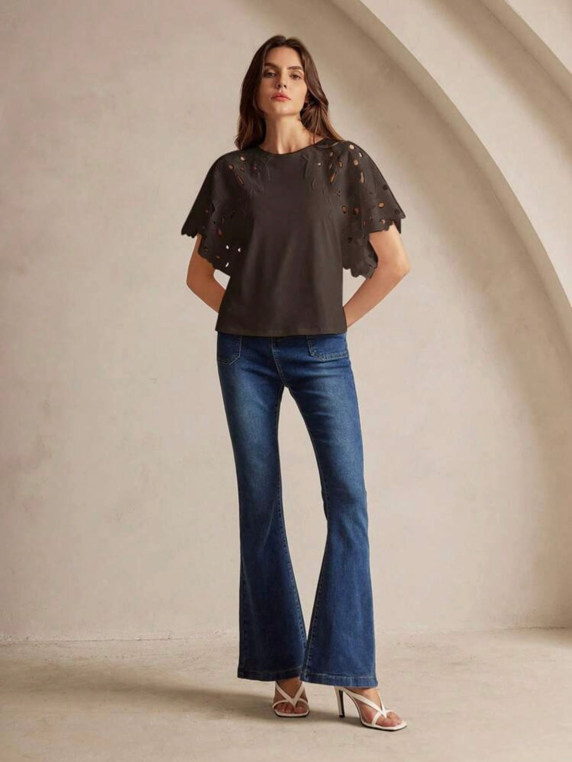 CM-TS648548 Women Elegant Seoul Style Solid Color Hollow-Out Short Sleeve T-Shirt - Coffee Brown