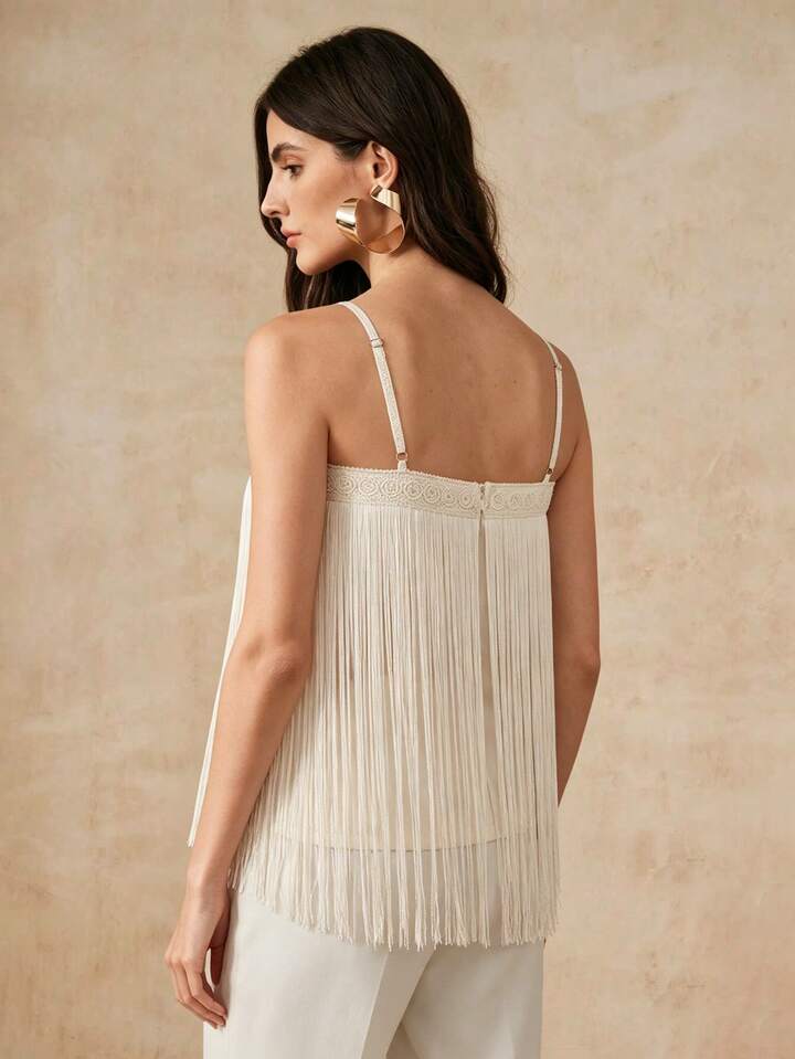 CM-TS027944 Women Elegant Seoul Style Tassel Contrast Lace Off-Shoulder Sleeveless Trim Tank Top - Apricot