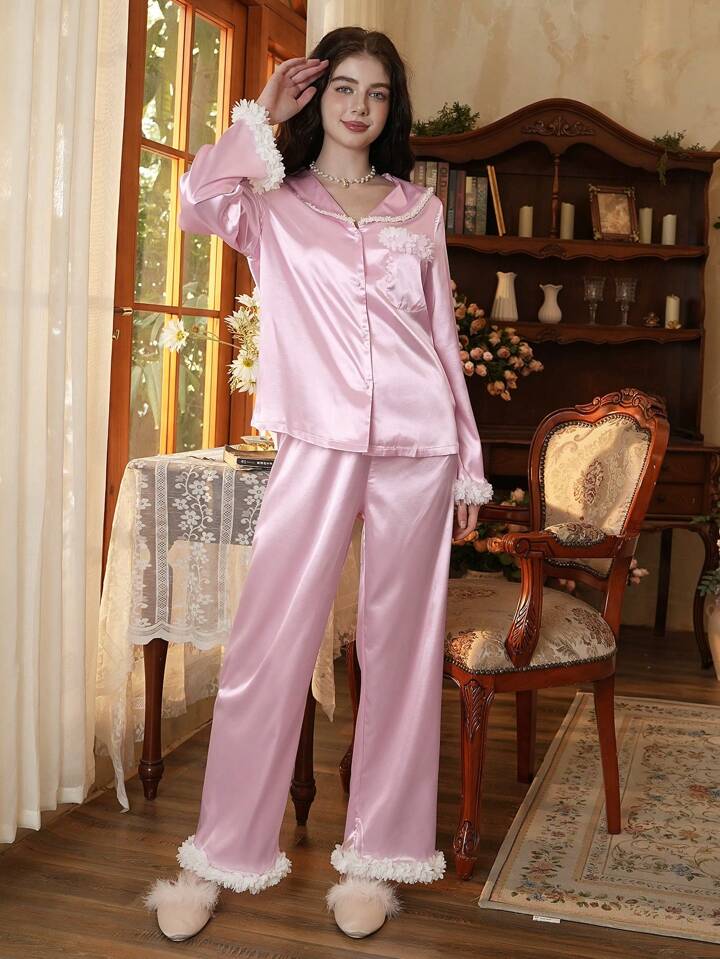 CM-LS755245 Women Trendy Seoul Style Lace Patchwork Long Sleeve Satin Pajama Set - Pink