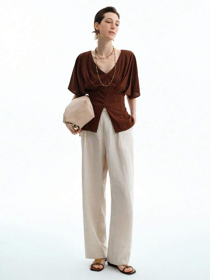 CM-TS441994 Women Casual Seoul Style Solid Color Linen V-Neck Gathered Fitted Raglan Sleeve Front Center Slit Blouse