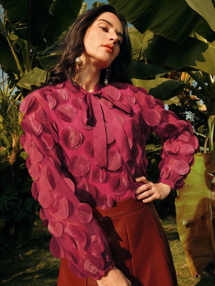 CM-TS210056 Women Elegant Seoul Style Bow 3D Circular Pleated Design Long Sleeve Blouse - Burgundy
