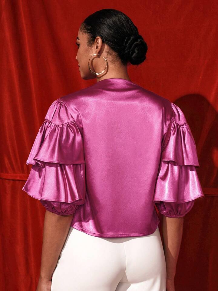 CM-TS176433 Women Casual Seoul Style Tie Neck Short Sleeve Ruffle Bolero Blouse - Hot Pink