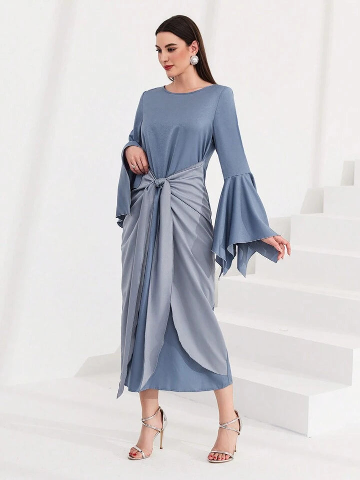 CM-DS044444 Women Elegant Seoul Style Irregular Bell Sleeve Tied Front Dress - Blue