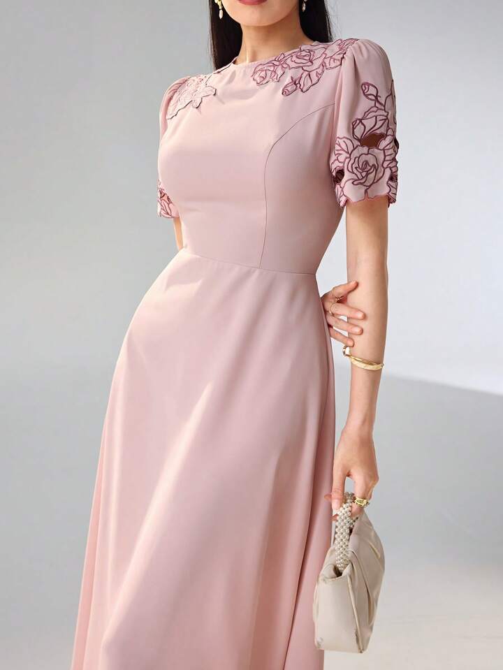 CM-DS691637 Women Elegant Seoul Style Floral Embroidery Round Neck Short Puff Sleeve Mid-Length Dress - Pink