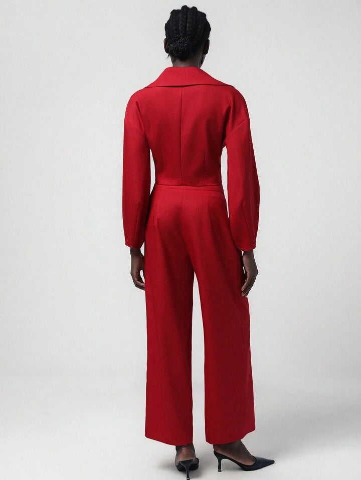 CM-SS109118 Women Elegant Seoul Style Lapel Neckline Lantern Sleeve Crop Blazer With Pants Suit - Red